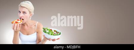 Woman deciding between healthy food and unhealthy choice Stock Photo