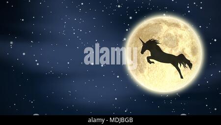 Unicorn silhouette flying over moon in night stars Stock Photo