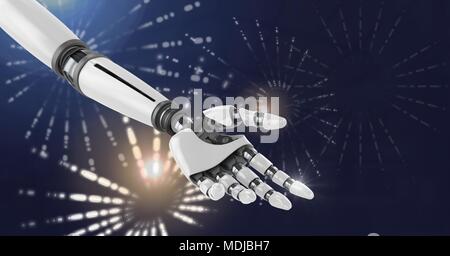 Robot android hand with Glowing firework circle shapes Stock Photo