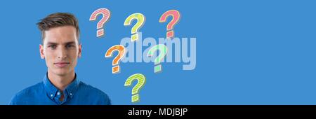 Man with colorful funky question marks emerging from head Stock Photo