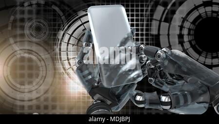 Robotic android hand using phone device and Glowing circle technology interface Stock Photo
