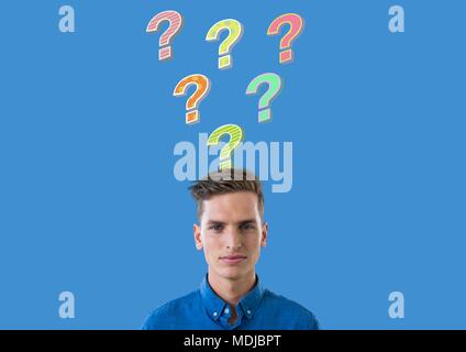 Man with colorful funky question marks emerging from head Stock Photo