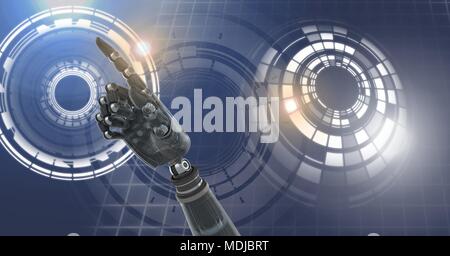 Robot android hand and Glowing circle technology interface Stock Photo