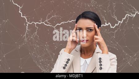 Lightning strikes and stressed woman with headache holding head Stock Photo