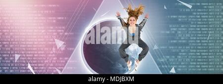 Cool young woman jumping with digital technology interface broken shapes Stock Photo