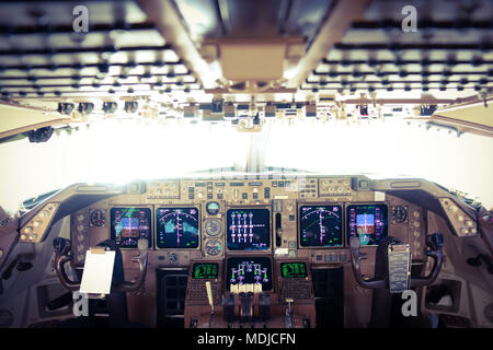 Flight Deck of a Boeing 747-400 in Flight Stock Photo