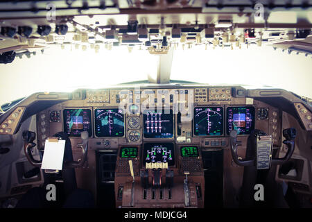 Flight Deck of a Boeing 747-400 in Flight Stock Photo