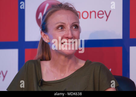 London,UK,20th April 2018,Paula Radcliffe MBE, World Record holder, attends London Marathon Photocall by Tower Bridge ahead of the Marathon on Sunday.She won the London Marathon in 2002, 2003 and 2005. In November 2004 she won the New York Marathon in breath-taking style and in 2005 she took the gold medal at the World Championships in Helsinki for the same distance.Credit Keith Larby/Alamy Live News Stock Photo