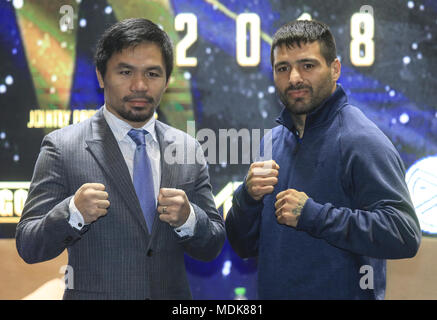 Kuala Lumpur, Kuala Lumpur, Malaysia. 20th Apr, 2018. Manny Pacquiao (L) and Lucas Matthysse (R) pose for photograph after the press conference for their upcoming WBA Welterweight Championship in Kuala Lumpur. Credit: Kepy/ZUMA Wire/Alamy Live News Stock Photo