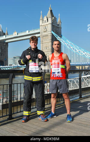 London, UK. 20th April 2018. Guy Tillotson (Paddington Watch Manager) and Mike Dowden (North Kensington Watch Manager) at the Spirit of London, Virgin Money London Marathon pre-race photocall, Tower Hotel, London, UK.    Both men are firefighters who were involved in the Grenfell Tower fire and Tillotson will be running the  first and last mile of the race in full breathing apparatus and uniform which has a combined weight of around 13kg. Credit: Michael Preston/Alamy Live News Stock Photo