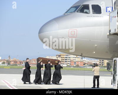 Cardinal Beran's remains were taken from Vatican St Peter's Basilica and they will be flown to Prague and then interred in St Vitus Cathedral. On the photo Beran's remains are load into the airplane, in Roma, Italy, on April 20, 2018. (CTK Photo/Katerina Sulova) Stock Photo