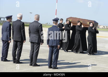 Cardinal Beran's remains were taken from Vatican St Peter's Basilica and they will be flown to Prague and then interred in St Vitus Cathedral. On the photo Beran's remains are load into the airplane, in Roma, Italy, on April 20, 2018. (CTK Photo/Katerina Sulova) Stock Photo