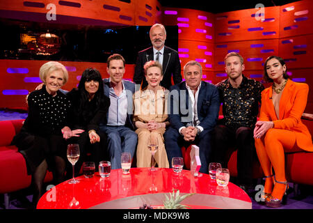 Host Graham Norton with seated (left to right Mary Berry, Claudia Winkleman, Benedict Cumberbatch, Maxine Peake, Matt LeBlanc, Calvin Harris and Dua Lipa during the filming of the Graham Norton Show at The London Studios, south London, to be aired on BBC One on Friday evening. Stock Photo