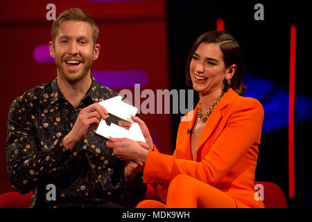 Calvin Harris and Dua Lipa during the filming of the Graham Norton Show at The London Studios, south London, to be aired on BBC One on Friday evening. Stock Photo