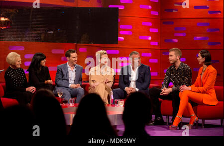 (Left to right) Mary Berry, Claudia Winkleman, Benedict Cumberbatch, Maxine Peake, Matt LeBlanc, Calvin Harris, and Dua Lipa during the filming of the Graham Norton Show at The London Studios, south London, to be aired on BBC One on Friday evening. Stock Photo