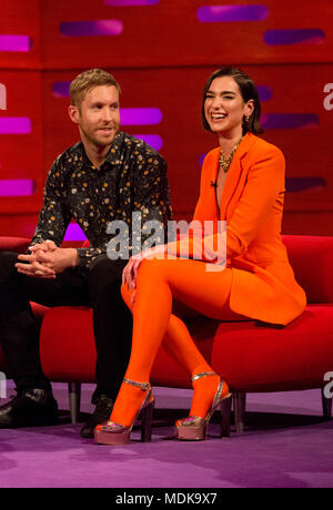 Calvin Harris and Dua Lipa during the filming of the Graham Norton Show at The London Studios, south London, to be aired on BBC One on Friday evening. Stock Photo