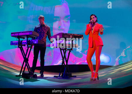 Calvin Harris and Dua Lipa performing during the filming of the Graham Norton Show at The London Studios, south London, to be aired on BBC One on Friday evening. Stock Photo