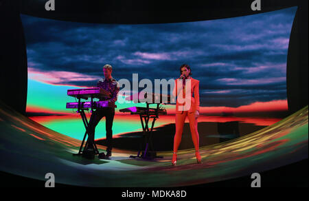 Calvin Harris and Dua Lipa performing during the filming of the Graham Norton Show at The London Studios, south London, to be aired on BBC One on Friday evening. Stock Photo