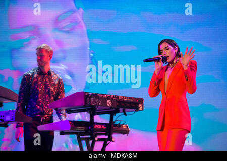 Calvin Harris and Dua Lipa performing during the filming of the Graham Norton Show at The London Studios, south London, to be aired on BBC One on Friday evening. Stock Photo