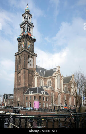 Amsterdam, Holland - 14 April 2018 Westerkerk And Prinsengracht, Amsterdam, Netherlands Stock Photo