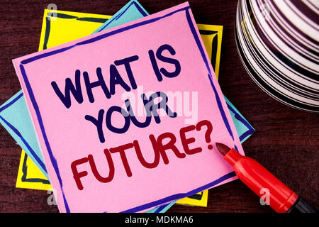 Word writing text What Is Your Future Question. Business concept for Where do you see yourself in the next years written Pink Sticky Note paper wooden Stock Photo