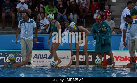 Budapest, Hungary - Jul 16, 2017. The australian women waterpolo team congratulate each other after the winning game against Kazakshtan in the prelimi Stock Photo