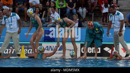 Budapest, Hungary - Jul 16, 2017. The australian women waterpolo team congratulate each other after the winning game against Kazakshtan in the prelimi Stock Photo