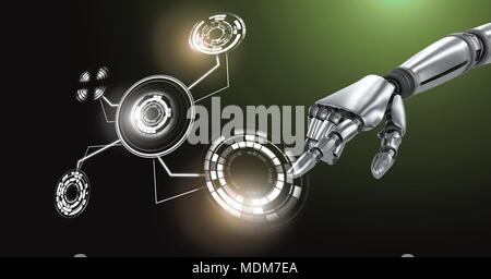 Robotic android hand touching and Glowing circle technology interface Stock Photo