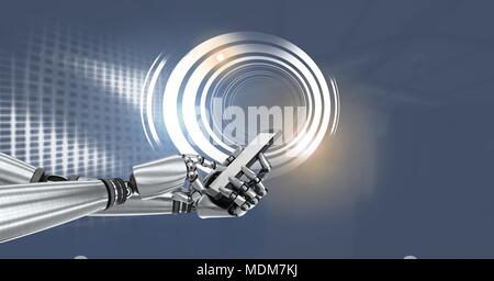 Robot android hand with phone and Glowing circle technology interface Stock Photo
