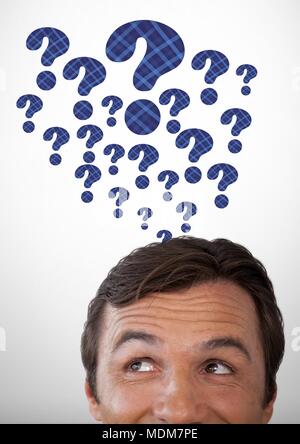 Man thinking with blue thatched question marks Stock Photo