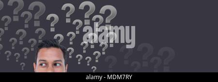 Man with grey question marks emerging from head Stock Photo