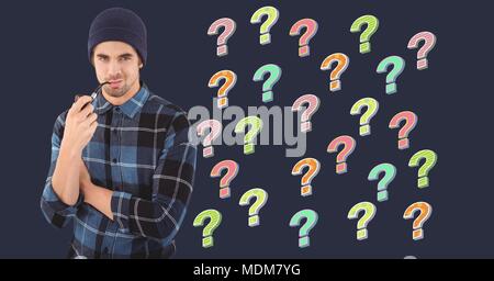 Man thinking with pipe and colorful funky question marks Stock Photo