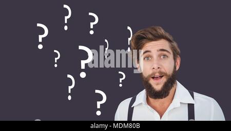 Man thinking with question marks Stock Photo