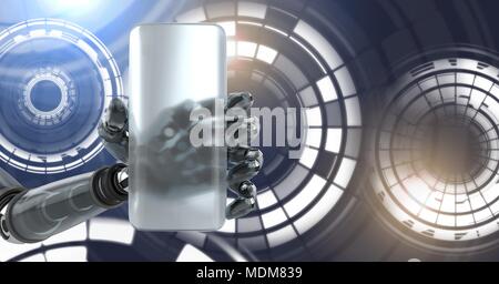 Robotic android hand holding phone and Glowing circle technology interface Stock Photo