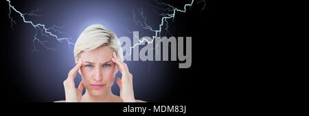 Lightning strikes and stressed woman with headache holding head Stock Photo