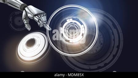 Robotic android hand touching and Glowing circle technology interface Stock Photo