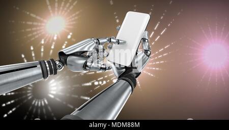 Robotic android hand using phone device and Glowing Firework circle shapes Stock Photo