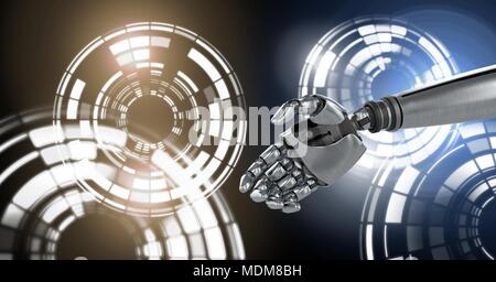 Robotic android hand and Glowing circle technology interface Stock Photo