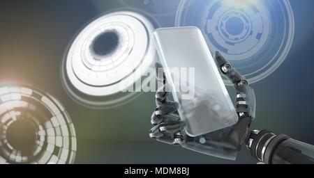 Robotic android hand holding phone and Glowing circle technology interface Stock Photo