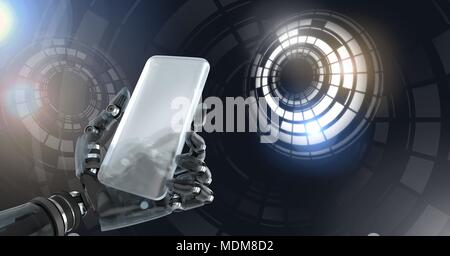 Robotic android hand holding phone and Glowing circle technology interface Stock Photo