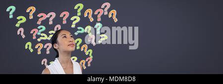 Woman with colorful funky question marks emerging from head Stock Photo