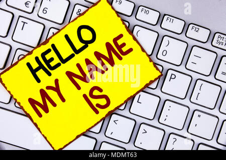 Handwriting text Hello My Name Is. Concept meaning meeting someone new Introduction Interview Presentation written Yellow Sticky Note Paper placed the Stock Photo