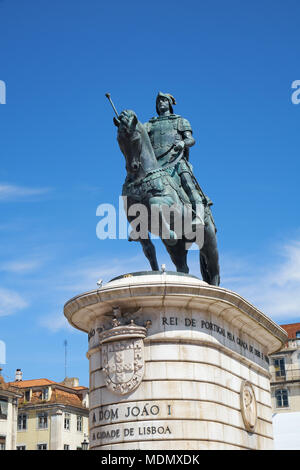 The bronze equestrian statue of King Joao I, by sculptor Leopoldo de Almeida,  on the square of the Fig Tree (Praca da Figueira) in the central of Lis Stock Photo