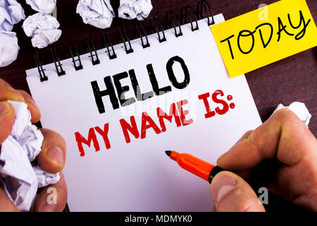 handwriting text hello my name is concept meaning meeting someone new introduction interview presentation written by man notepad wooden background to mdmyk0