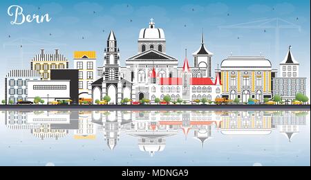 Bern Switzerland City Skyline with Color Buildings, Blue Sky and Reflections. Vector Illustration. Business Travel and Tourism Concept Stock Vector