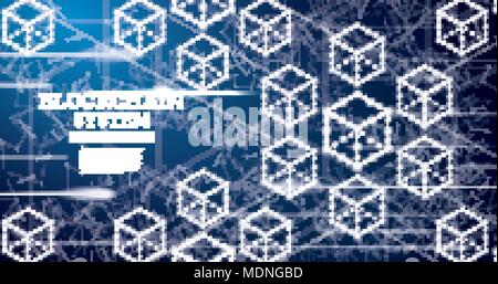 Blockchain Neon Outline Concept on Blue Background. Cryptocurrency Data Sign Design. Geometric Block Chain Technology. Vector Illustration. Stock Vector