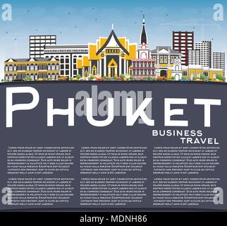 Phuket Thailand City Skyline with Color Buildings, Blue Sky and Copy Space. Vector Illustration. Stock Vector