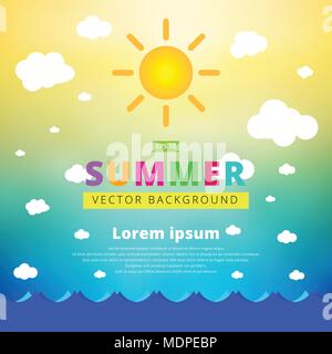Summer blurred background with seascape sun and clouds. Vector illustration Stock Vector