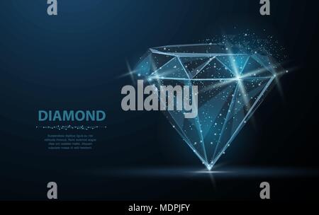 Diamond. Low poly wireframe mesh. Jewelry, gem, luxury and rich symbol, illustration or background Stock Vector