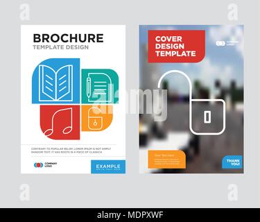 Unlocked padlock brochure flyer design template with abstract photo background, Locked padlock, Piece of paper and pencil, Musical note, Open book min Stock Vector